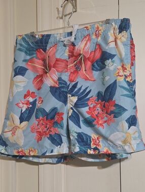 Kanu Surf Light Blue Floral Swim Trunks with Coral Blooms